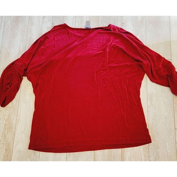 Chico's Travelers 3 Open Sleeve Slinky Top Red Rouched 3/4 Sleeves Stretch - Picture 2 of 6